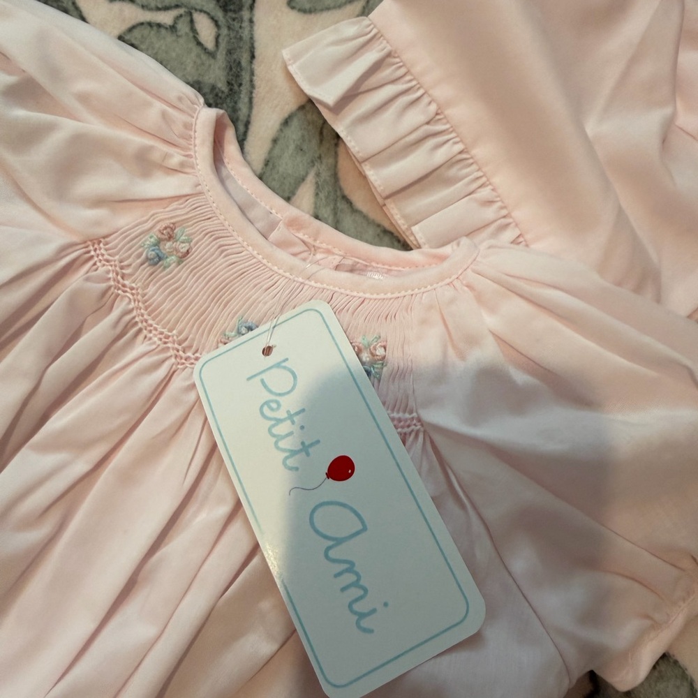 Petit Ami Smocked Pink Baby Romper with Bonnet - Picture 3 of 3